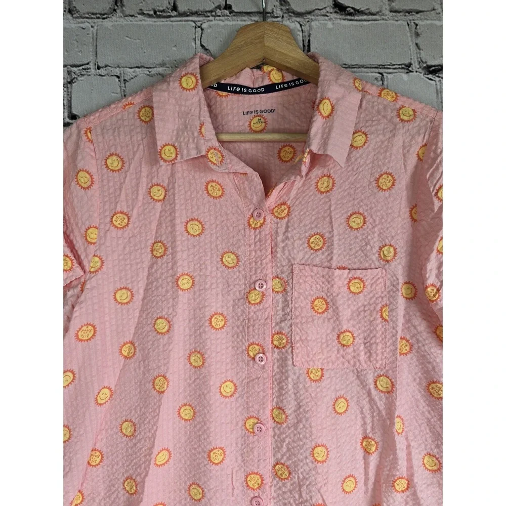 Life Is Good Sleep Cotton Blend Sunshine Smiling Sun Graphic Print Button Up Top - Picture 2 of 10